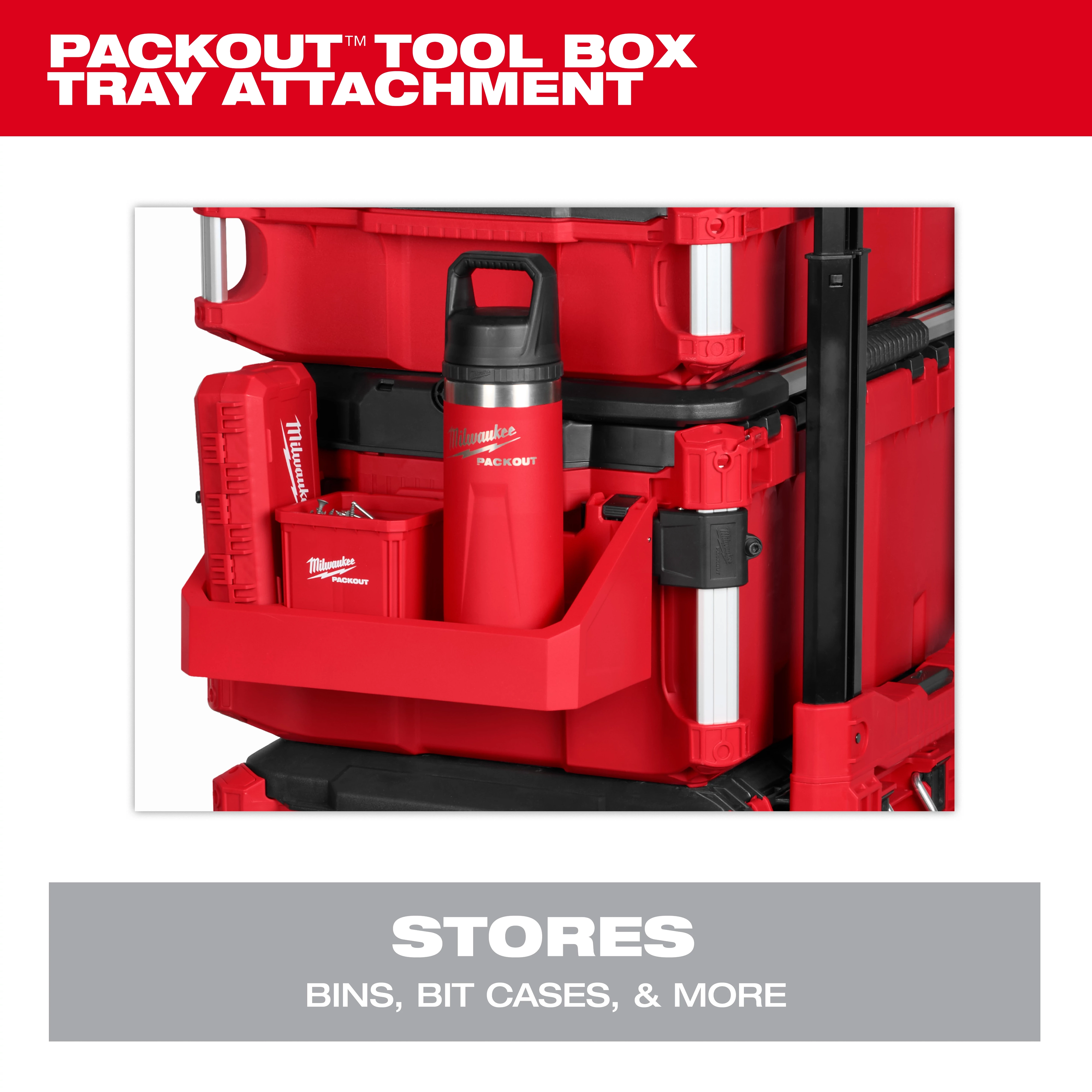 The image shows a PACKOUT tool box tray attachment in bright red, mounted on a PACKOUT tool box. The tray holds a red thermos, a small bin, and bit cases. The text above reads "PACKOUT TOOL BOX TRAY ATTACHMENT" and below reads "STORES BINS, BIT CASES, & MORE."