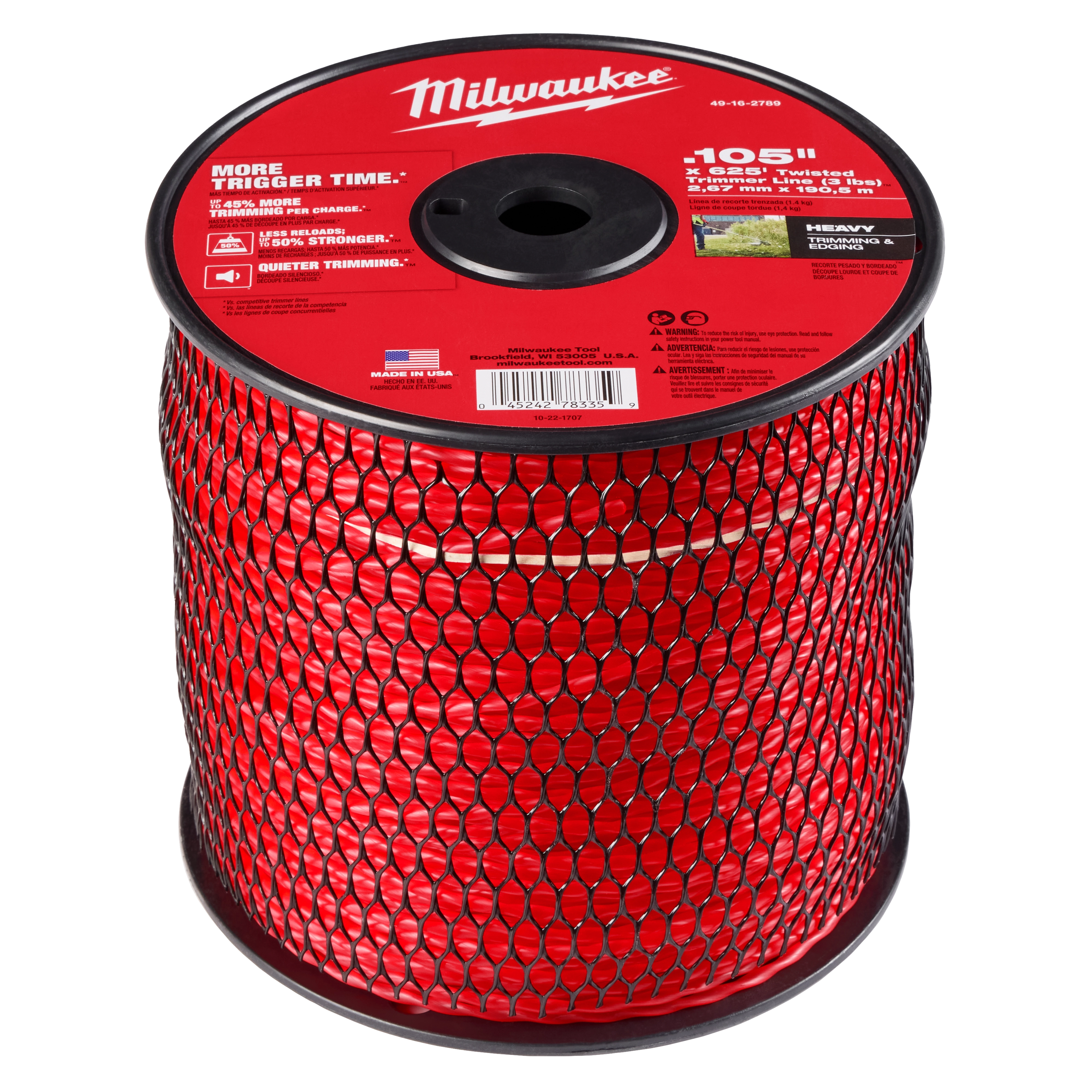 Red Milwaukee trimmer line spool with black netting, product information, and branding on top.