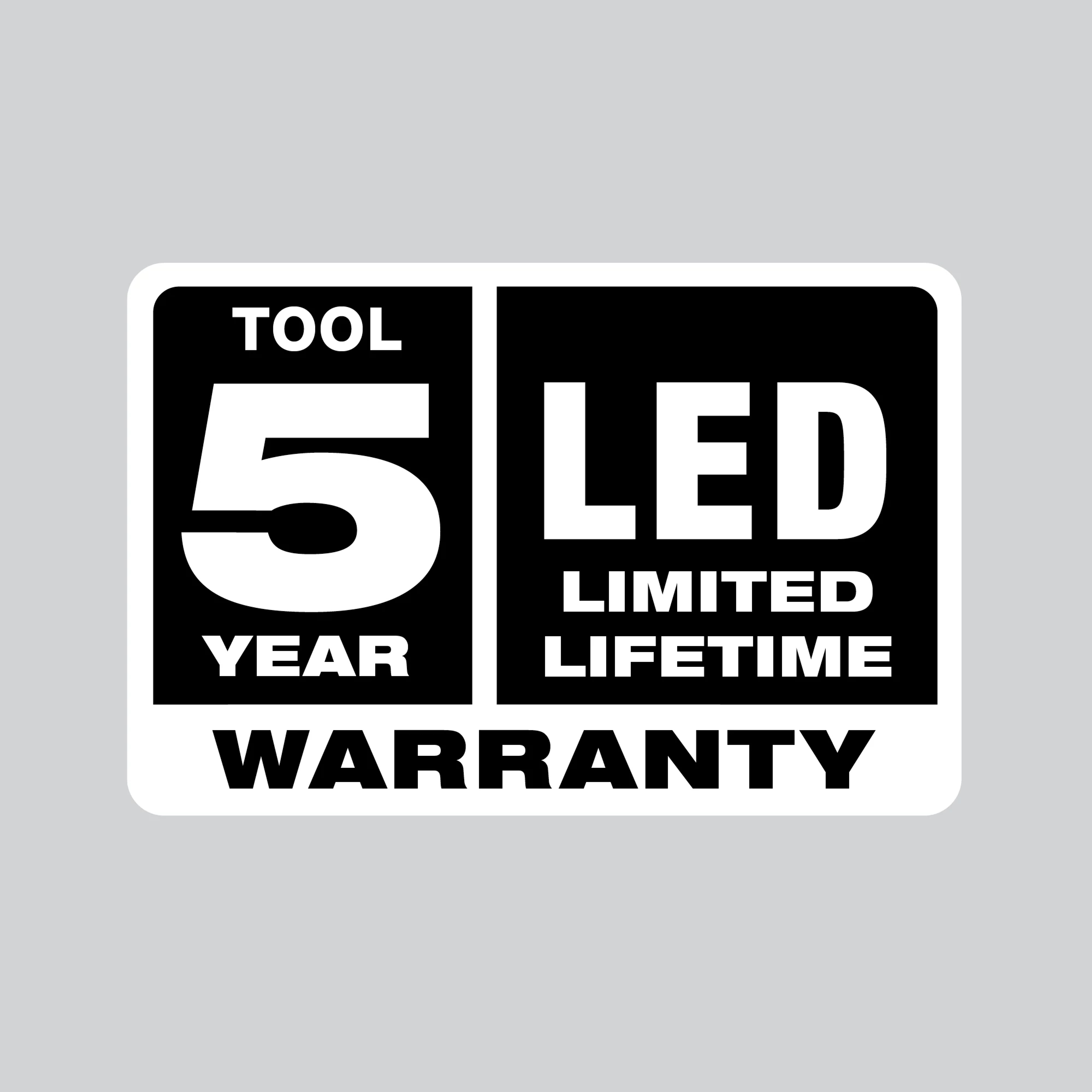 5 year tool warranty, LED limited lifetime warranty logo