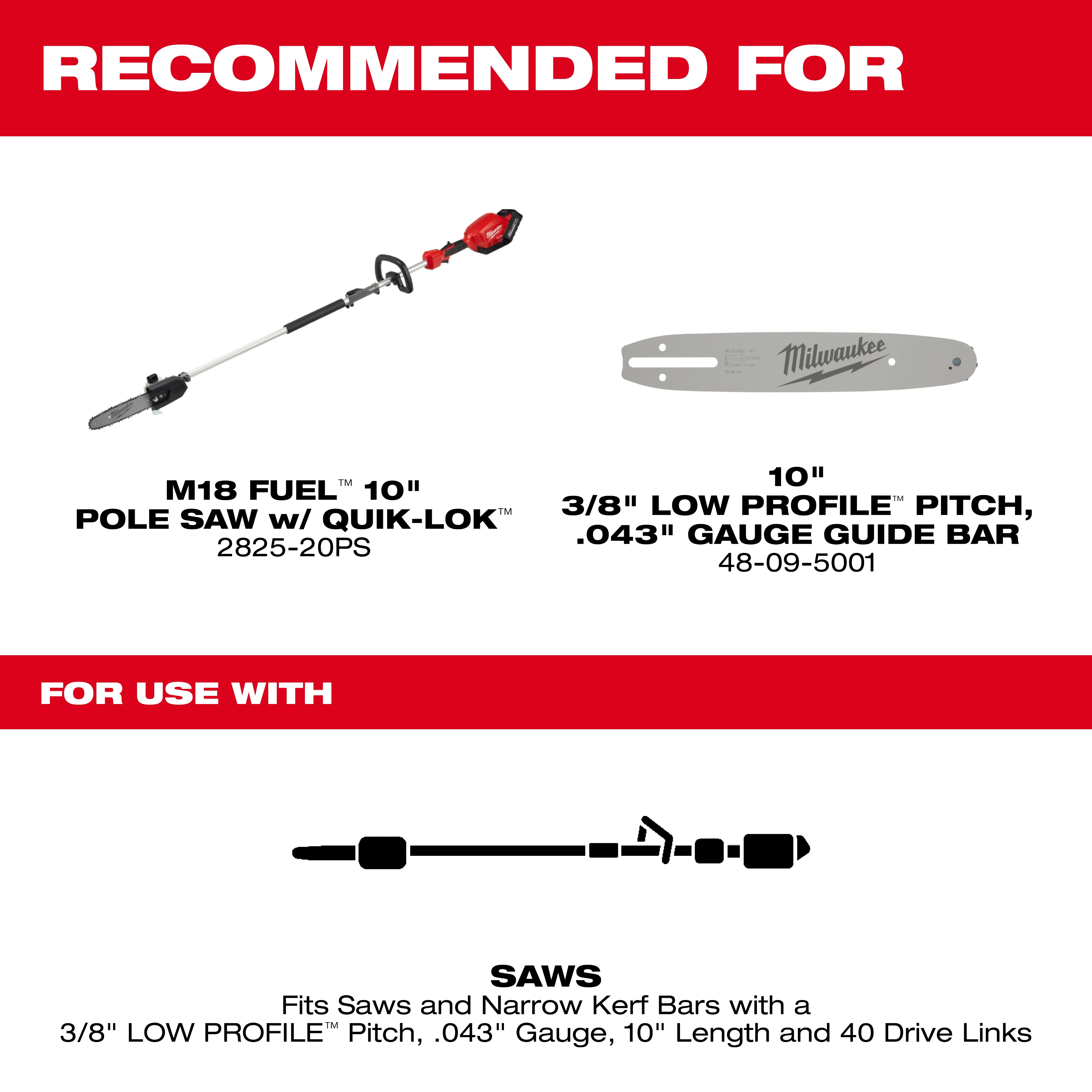 A promotional image for a 10" Saw Chain, recommended for use with M18 FUEL 10" Pole Saw with QUIK-LOK (2825-20PS) and 10" 3/8" low profile pitch, .043" gauge guide bar (48-09-5001). Includes text about fitting saws with an A041 tail mount and 40 drive links.