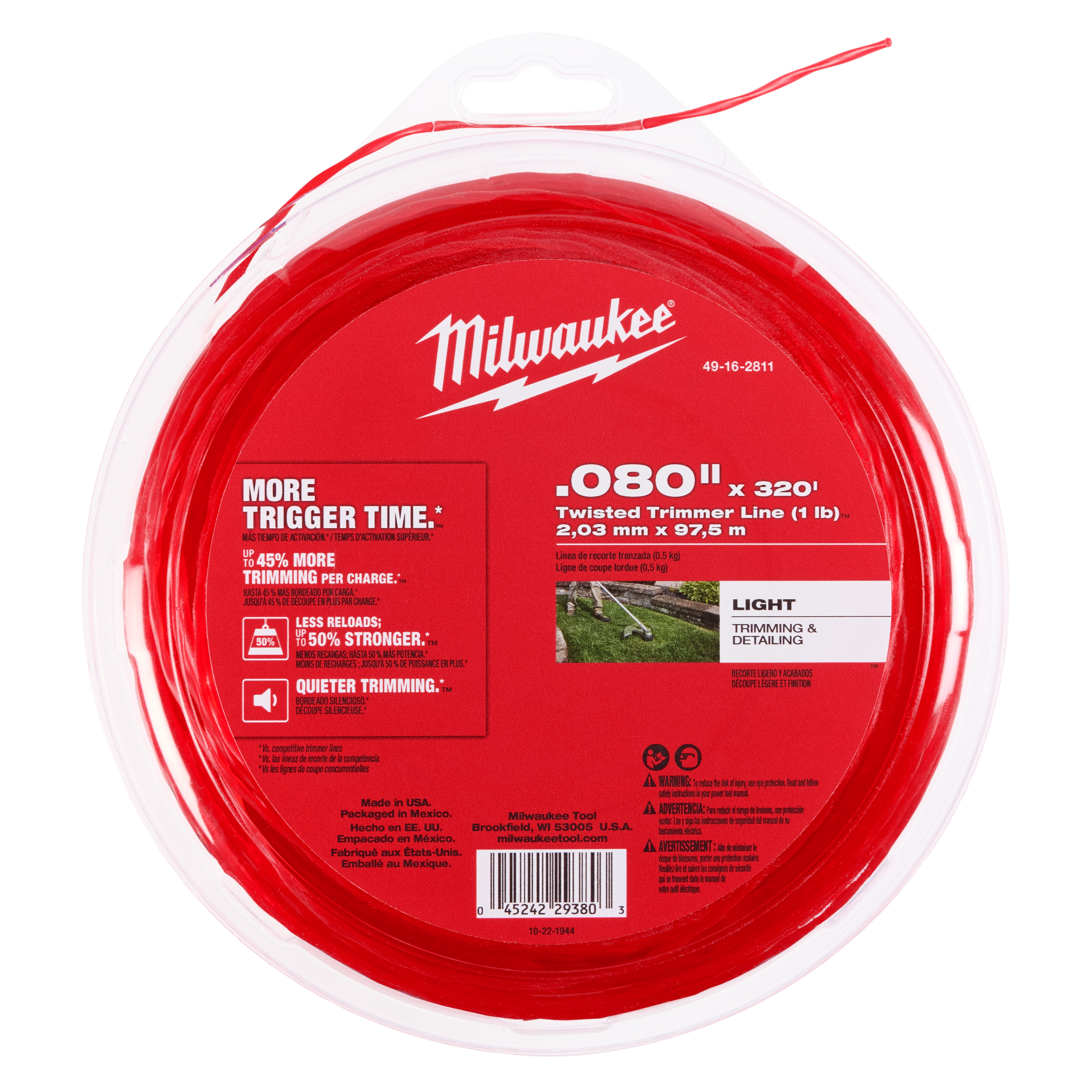 Milwaukee .080" x 320' twisted trimmer line spool in red packaging, labeled for light trimming and detailing.