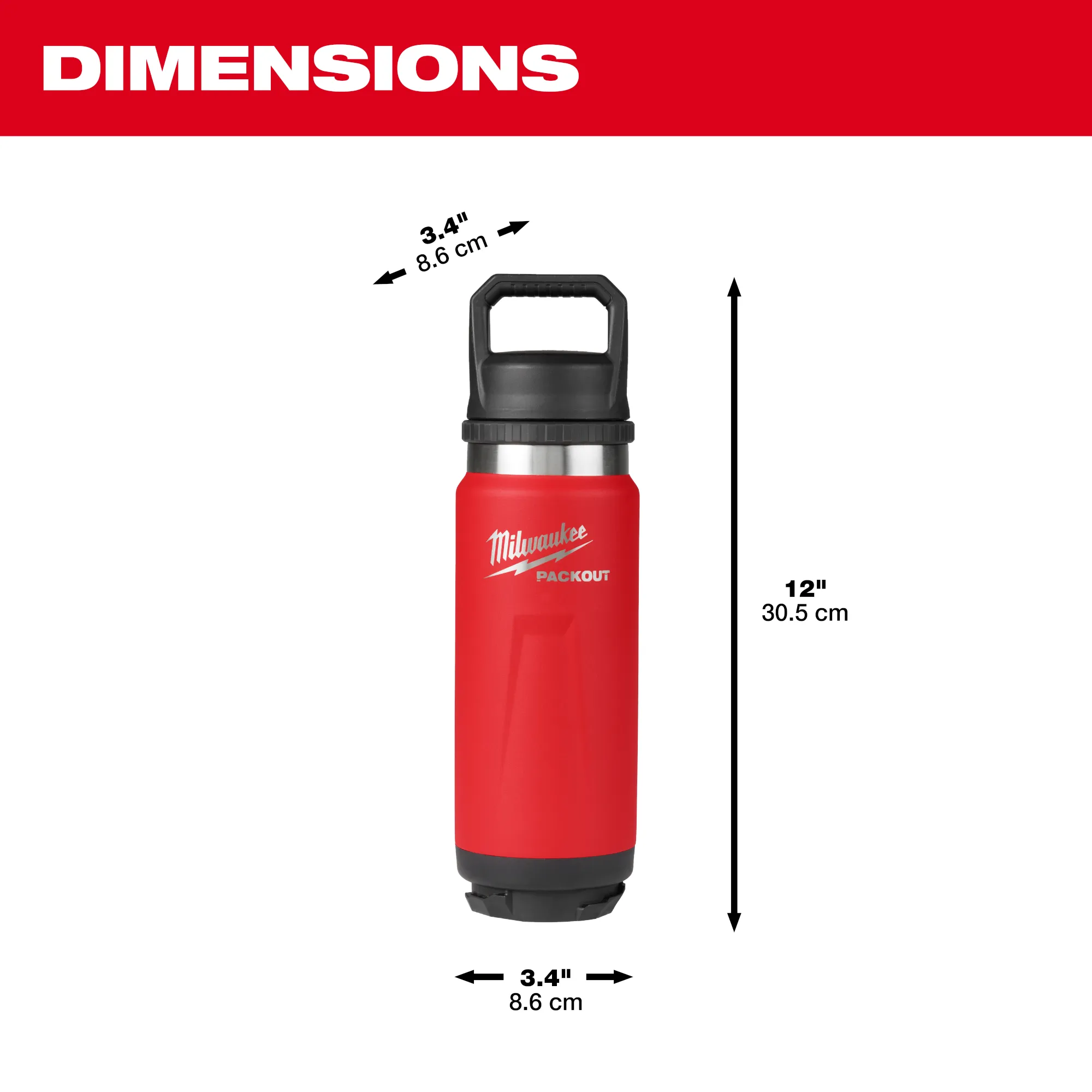 Image of the Milwaukee PACKOUT 24oz Insulated Bottle with Chug Lid in red and its dimensions