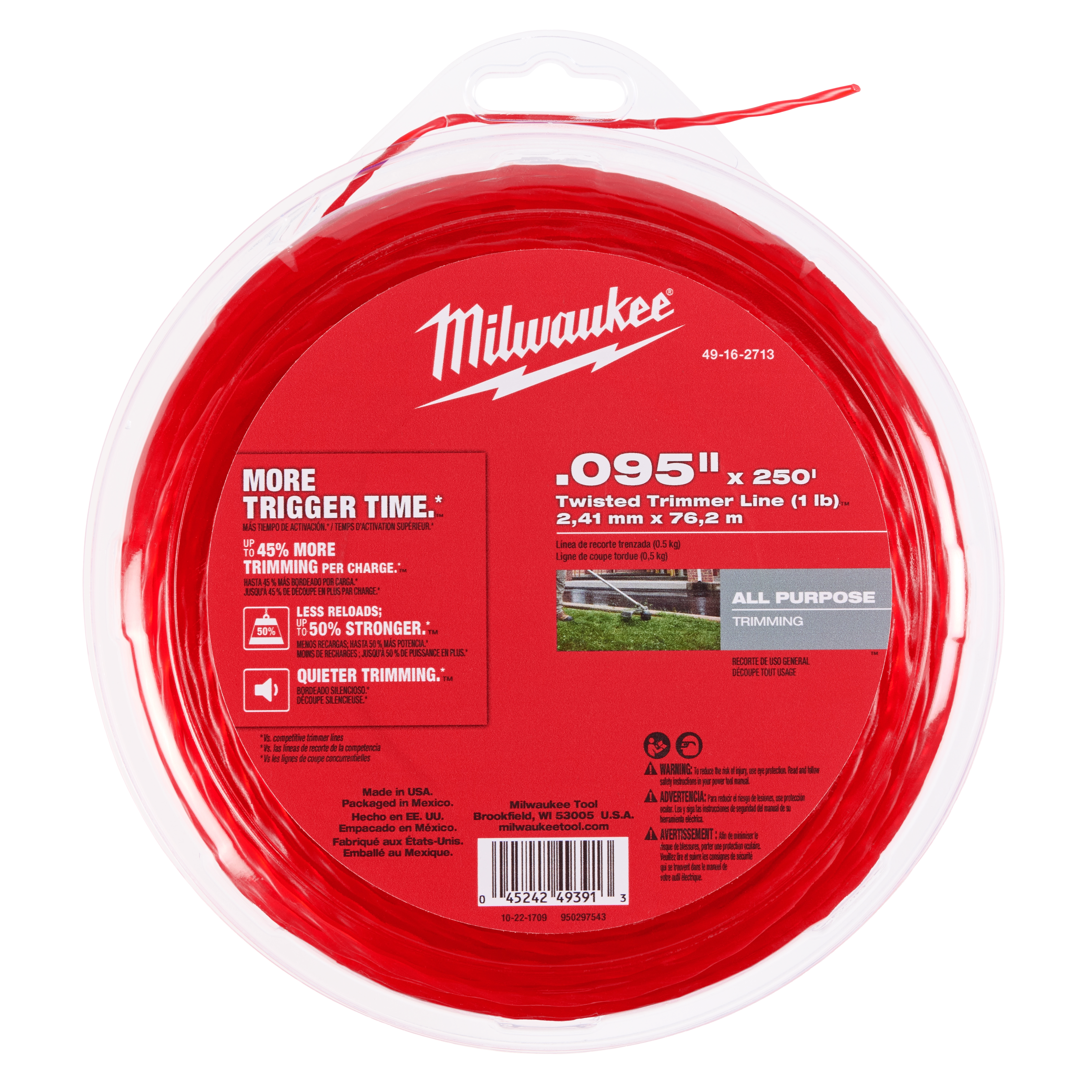 The image shows a Milwaukee® .095" x 250’ (1 lb.) Twisted Trimmer Line package. The trimmer line is red and coiled inside a circular plastic container with a clear lid. The label highlights benefits such as more trigger time, less reloads, and quieter trimming.