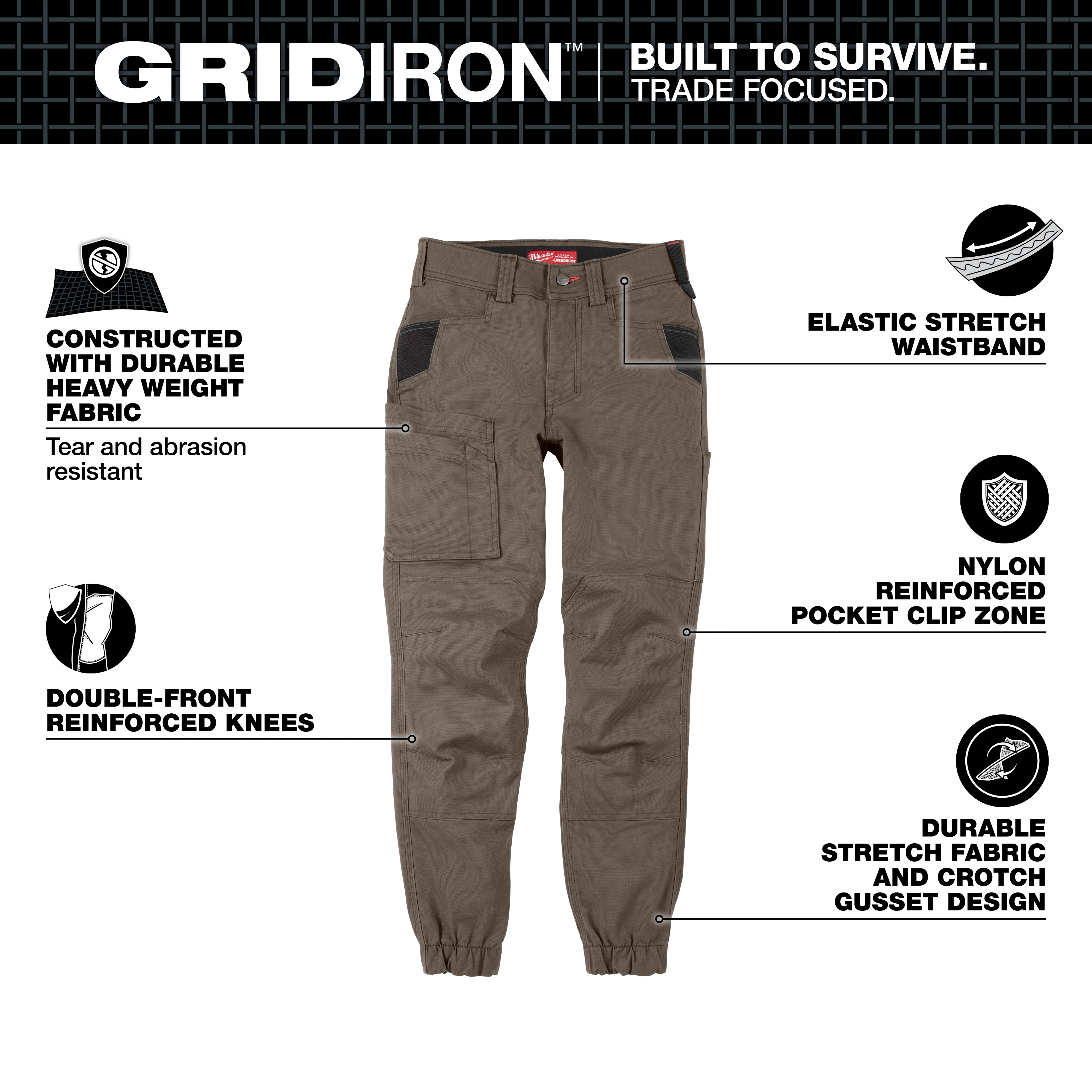 Image of Women's GRIDIRON™ Double Knee Jogger Pants in brown. The pants feature an elastic stretch waistband, durable heavyweight fabric, double-front reinforced knees, nylon reinforced pocket clip zone, and durable stretch fabric with crotch gusset design. Text: "GRIDIRON™ Built to Survive. Trade Focused."