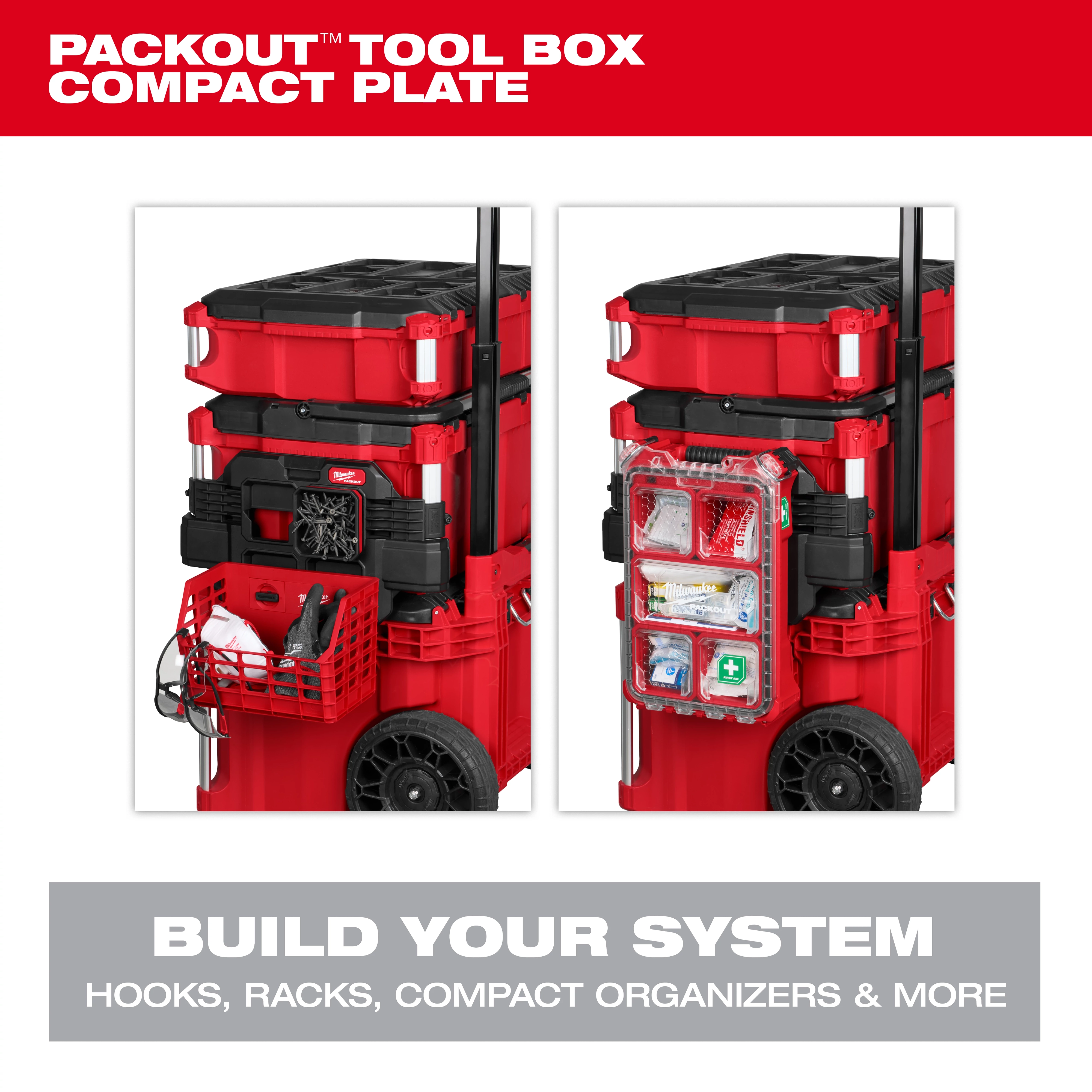 Image of a red PACKOUT tool box with various attachments, including hooks and racks. The left view shows a basket for tools, and the right view displays a compact organizer with a transparent cover. Text at the top reads "PACKOUT TOOL BOX COMPACT PLATE." Bottom text reads "BUILD YOUR SYSTEM: HOOKS, RACKS, COMPACT ORGANIZERS & MORE."