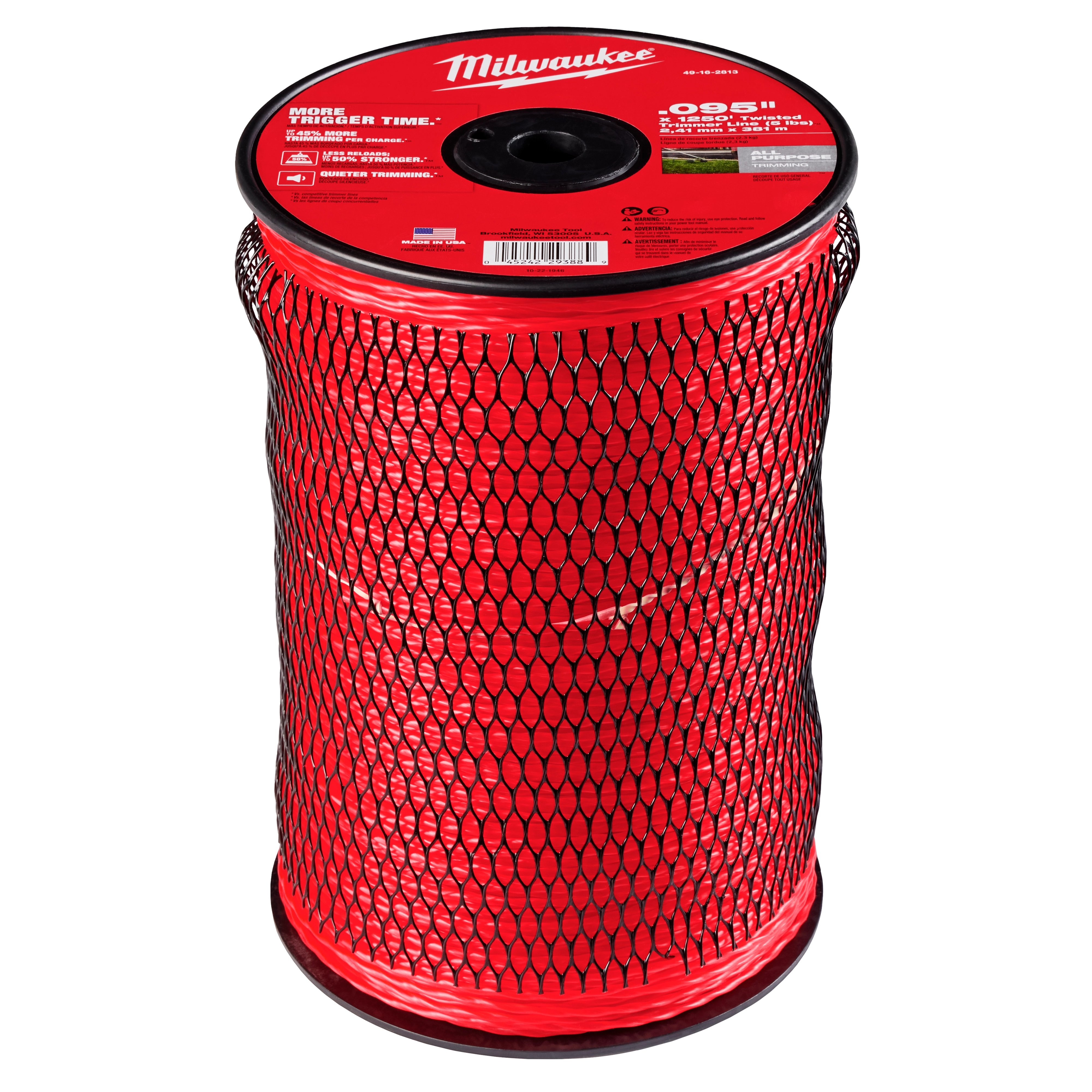 A spool of Milwaukee red trimmer line encased in black netting, with product information label on top.