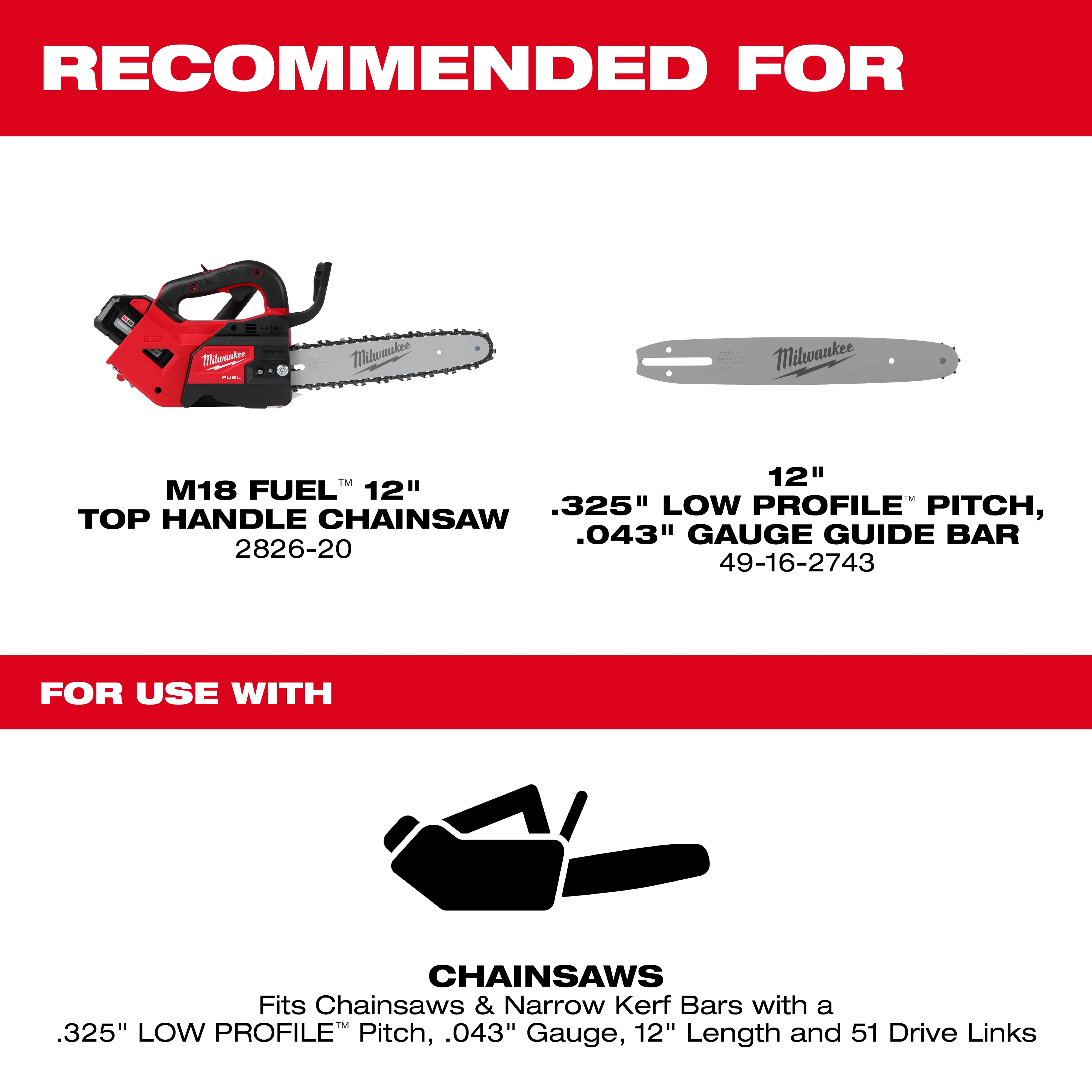 An advertisement banner shows recommendations for a chainsaw and guide bar. On the left, there is an image of the M18 FUEL 12" Top Handle Chainsaw (2826-20), and on the right, a 12" .325" Low Profile Pitch, .043" Gauge Guide Bar (49-16-2743). Below is a section titled "For Use With" with a black illustration of a chainsaw, and text stating it fits chainsaws and narrow kerf bars with the mentioned specifications.