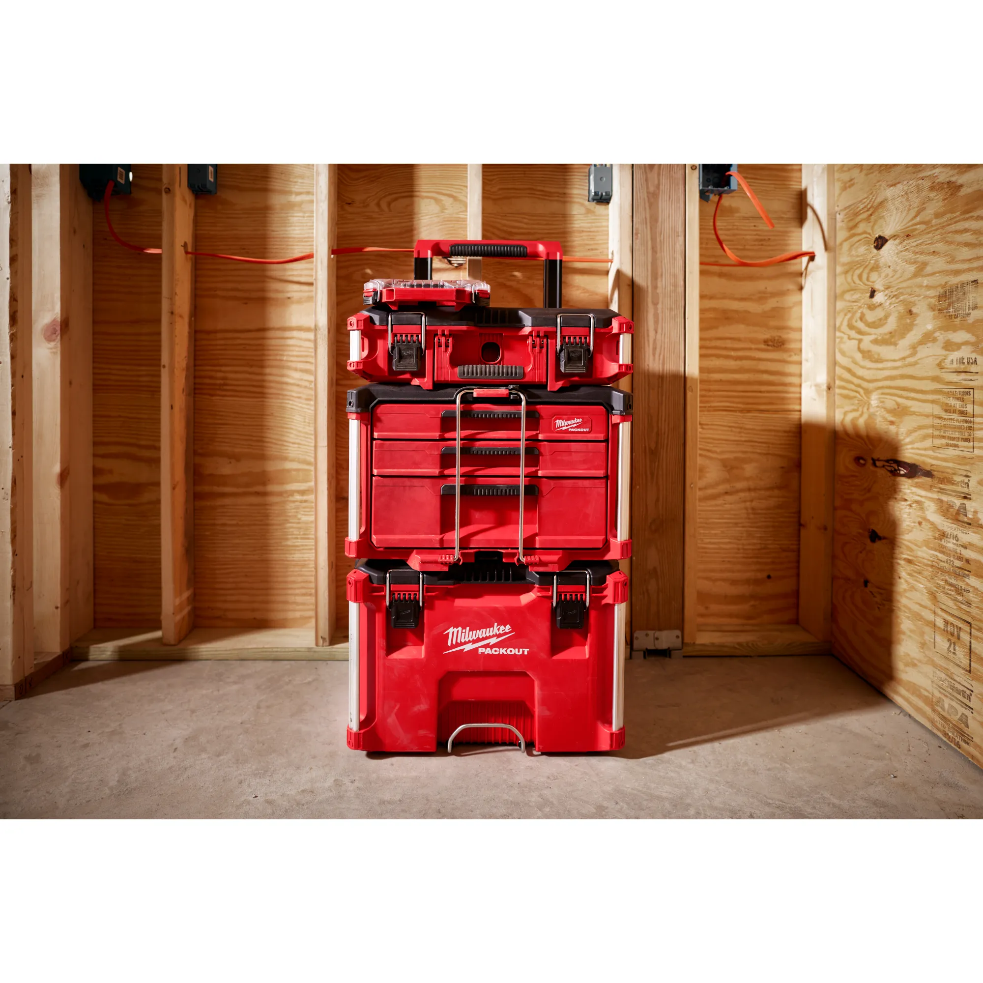 The PACKOUT 3-Drawer Tool Box stacked with other PACKOUTs for customizable storage