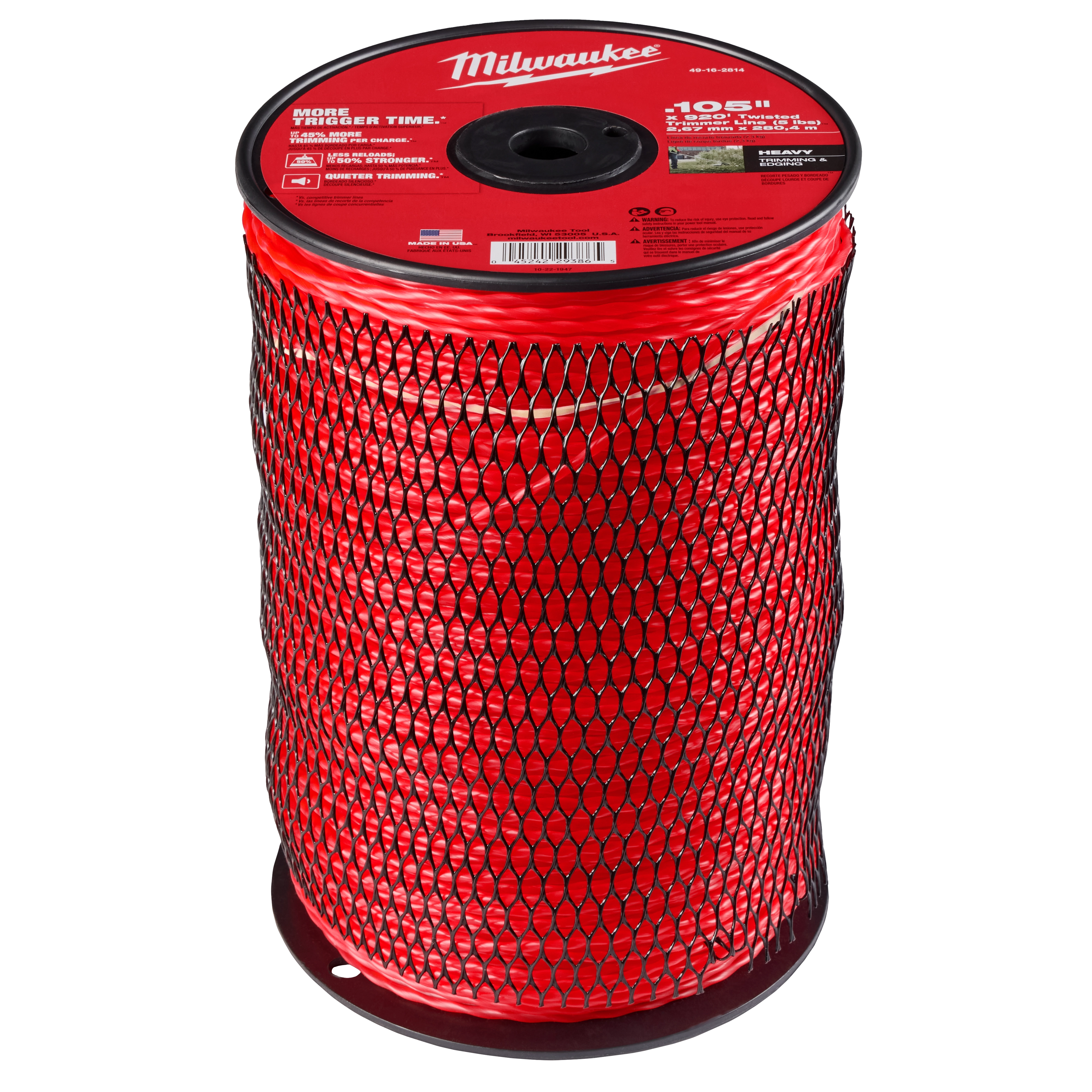 Roll of Milwaukee red string trimmer line, covered in black mesh.