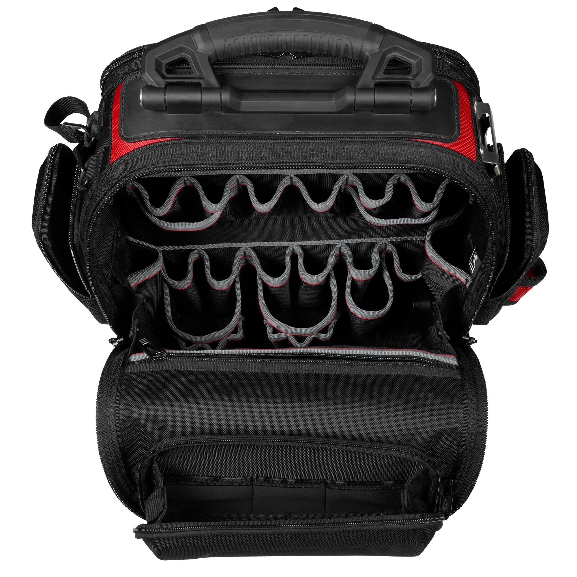 Image of the Milwaukee PACKOUT Structured Backpack open highlighting its tool storage pockets