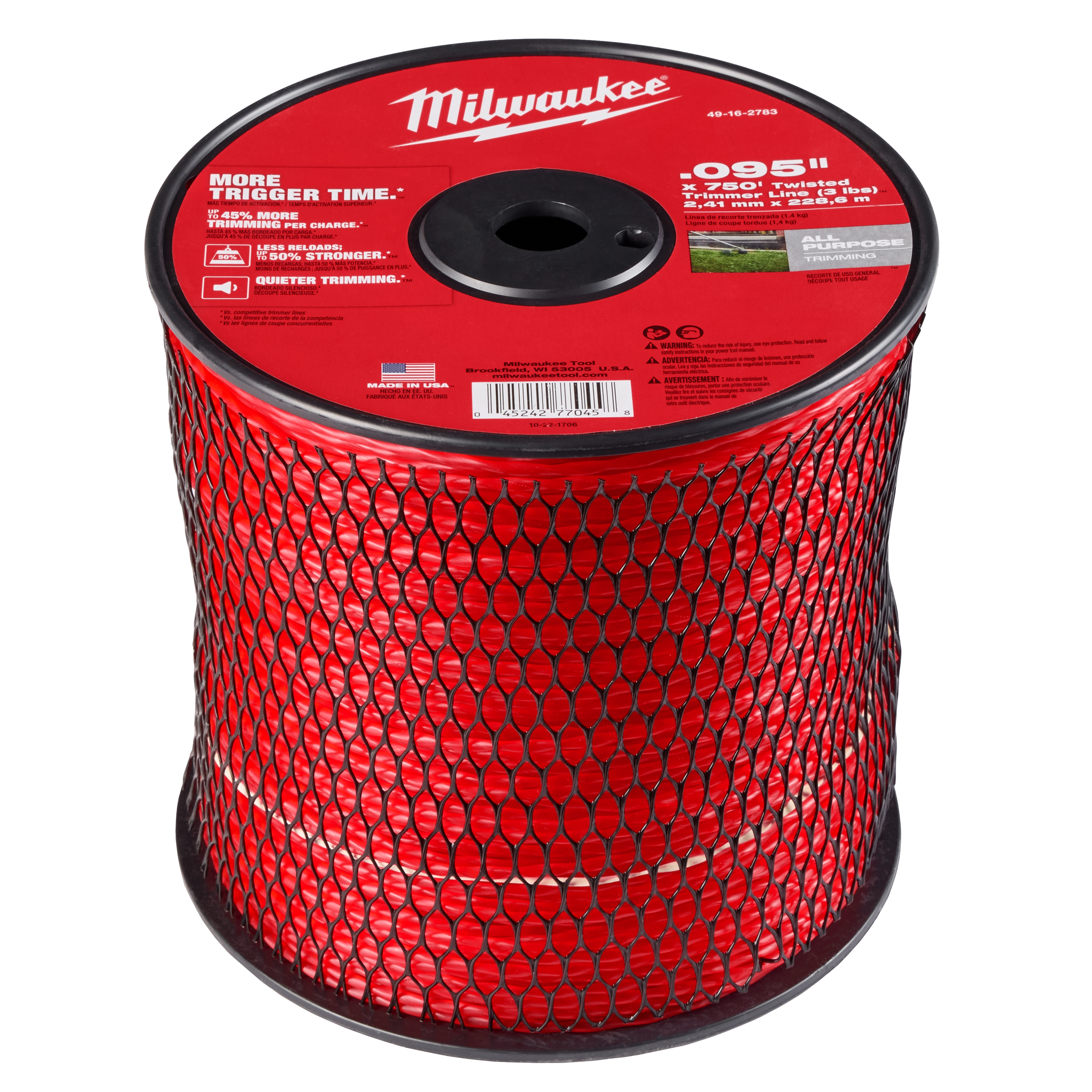 A large spool of red trimmer line in a black plastic netting, with a red Milwaukee-branded label on top.