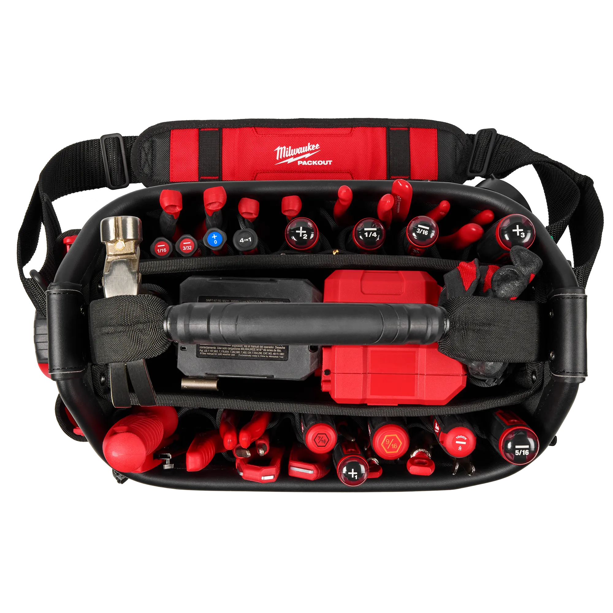 Image of the Milwaukee PACKOUT 15" Structured Tote highlighting its tool storage capabilities