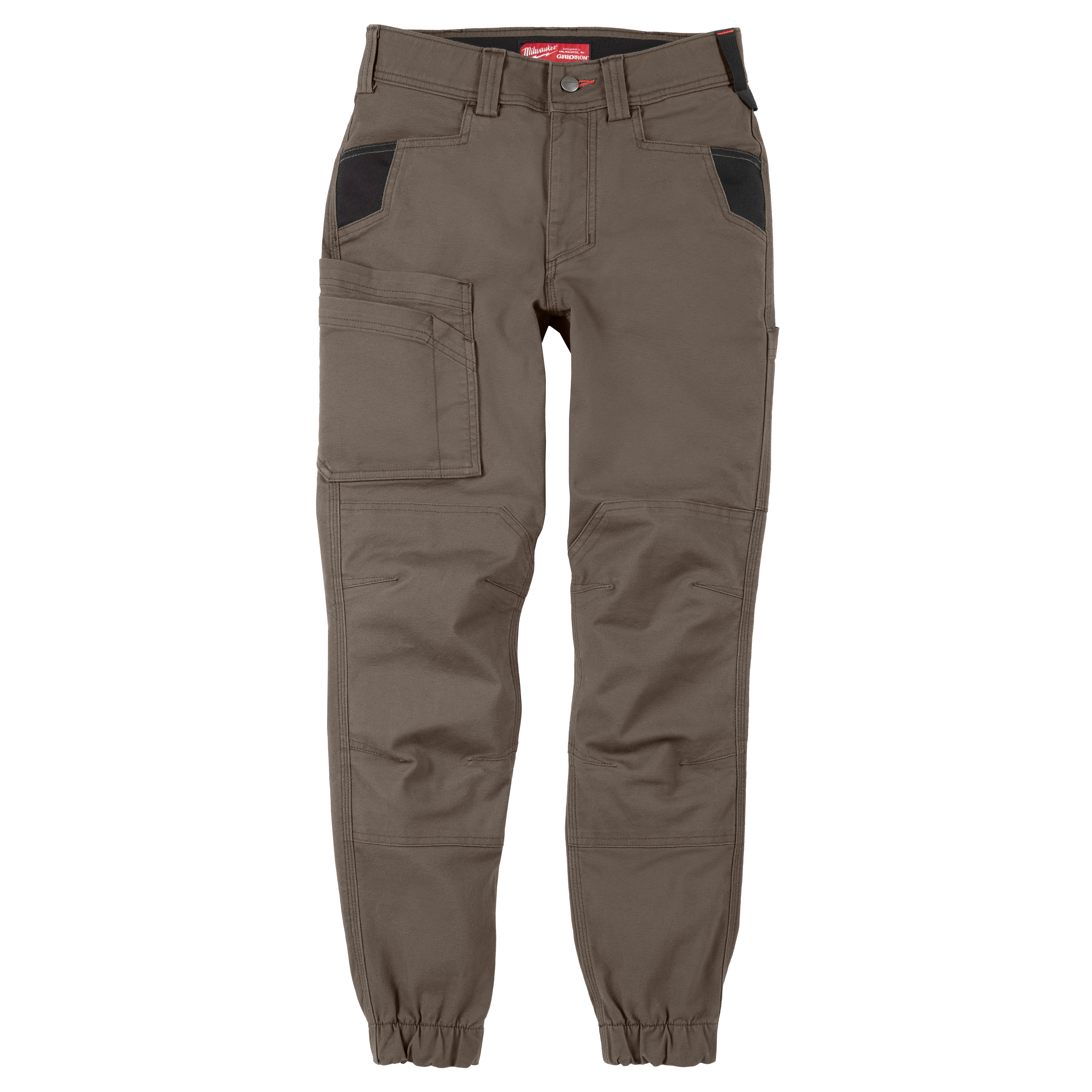 The image shows a pair of Women's GRIDIRON™ Double Knee Jogger Pants in brown. The pants feature reinforced knees, multiple pockets, and an elasticized waistband and cuffs. They are designed for durability and utility.