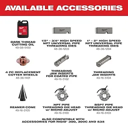 "Available accessories for Milwaukee; oil, threading dies, cutter wheels, jaw inserts, reamer cone, and die heads."