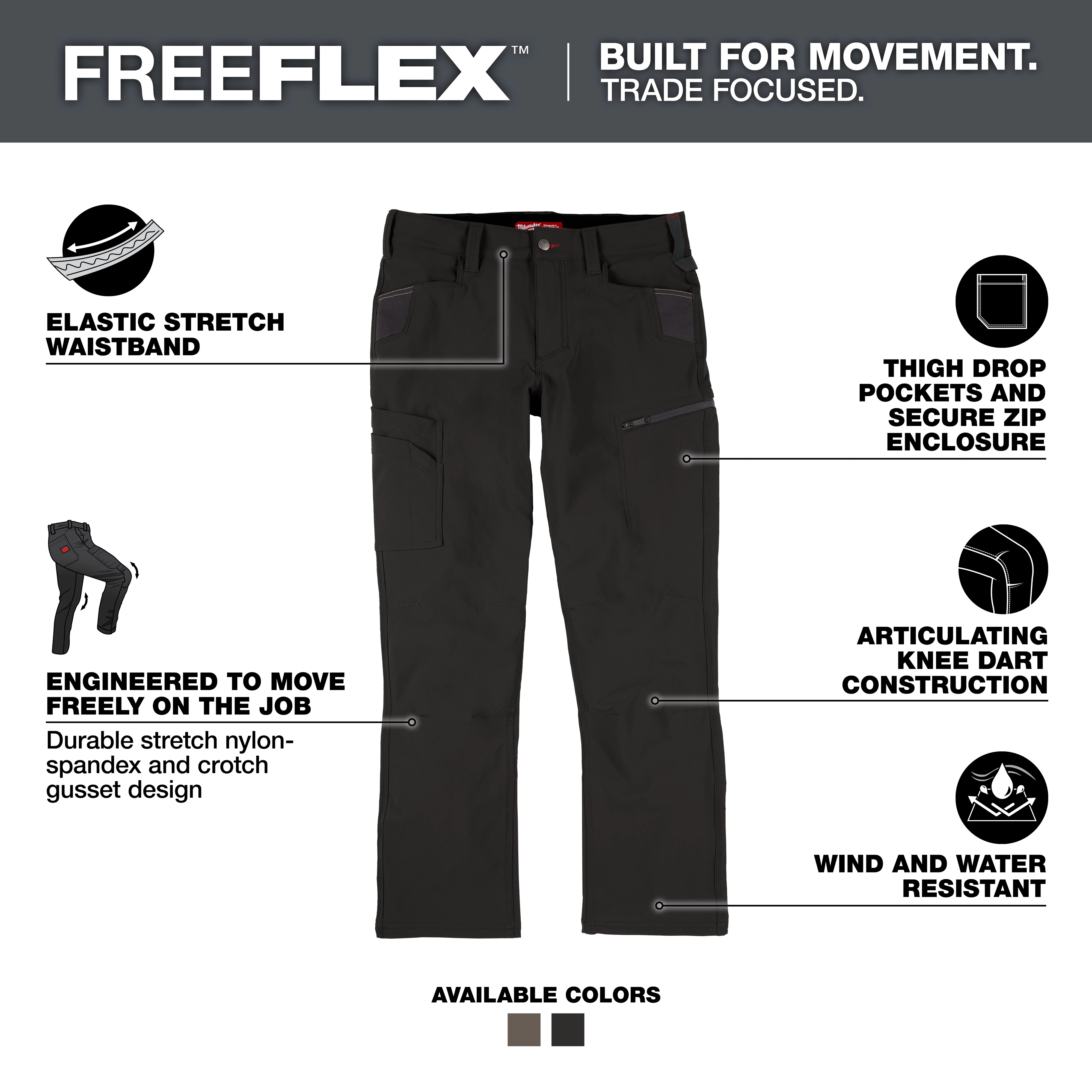 Image showing FREEFLEX™ Tech Pants in black. Features include an elastic stretch waistband, thigh drop pockets with secure zip enclosure, articulating knee dart construction, and wind and water resistance. Engineered for job movement with durable stretch nylon-spandex and crotch gusset design. Available colors are black and gray.