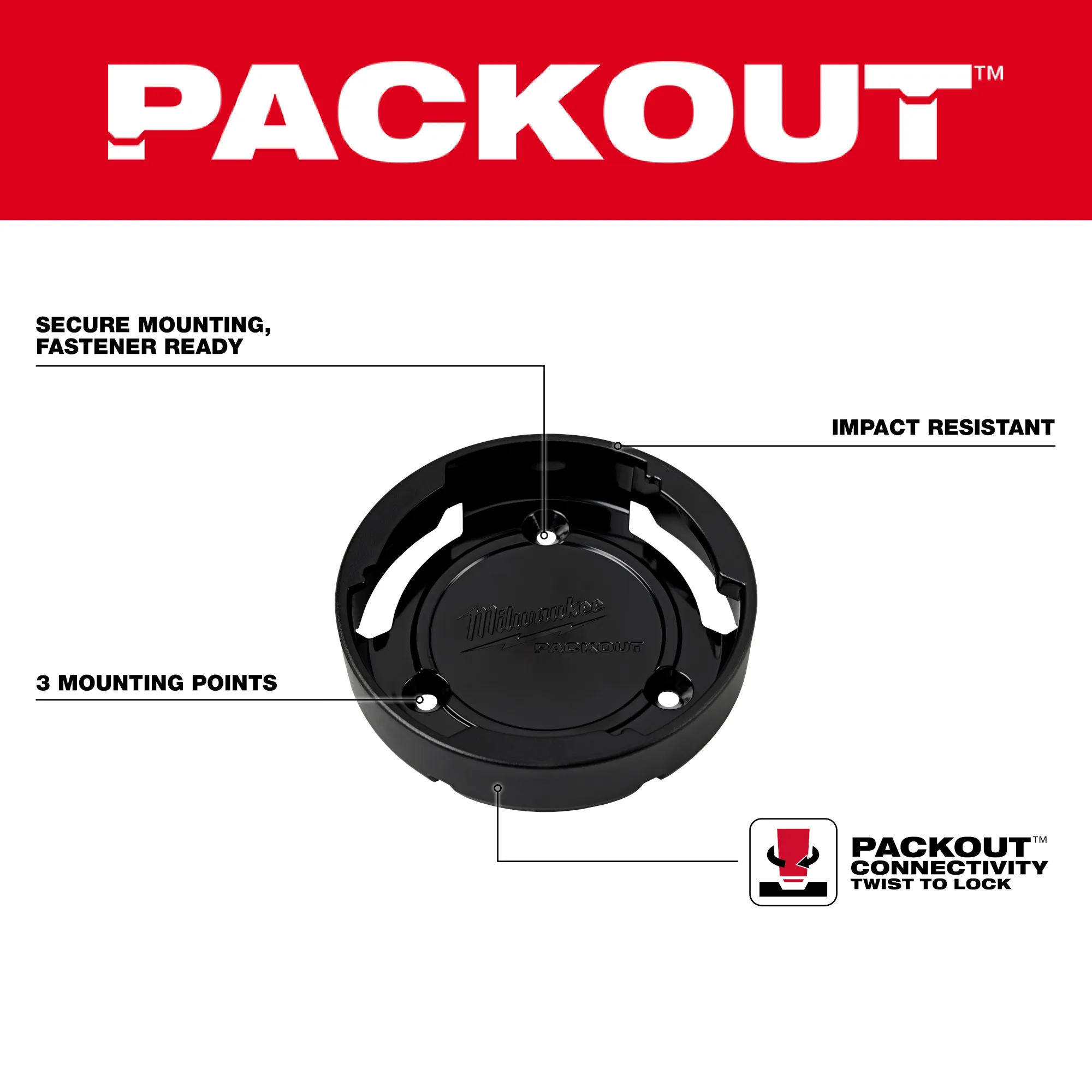 Walkaround image of the Milwaukee PACKOUT Twist to Lock Mount highlighting its USPs