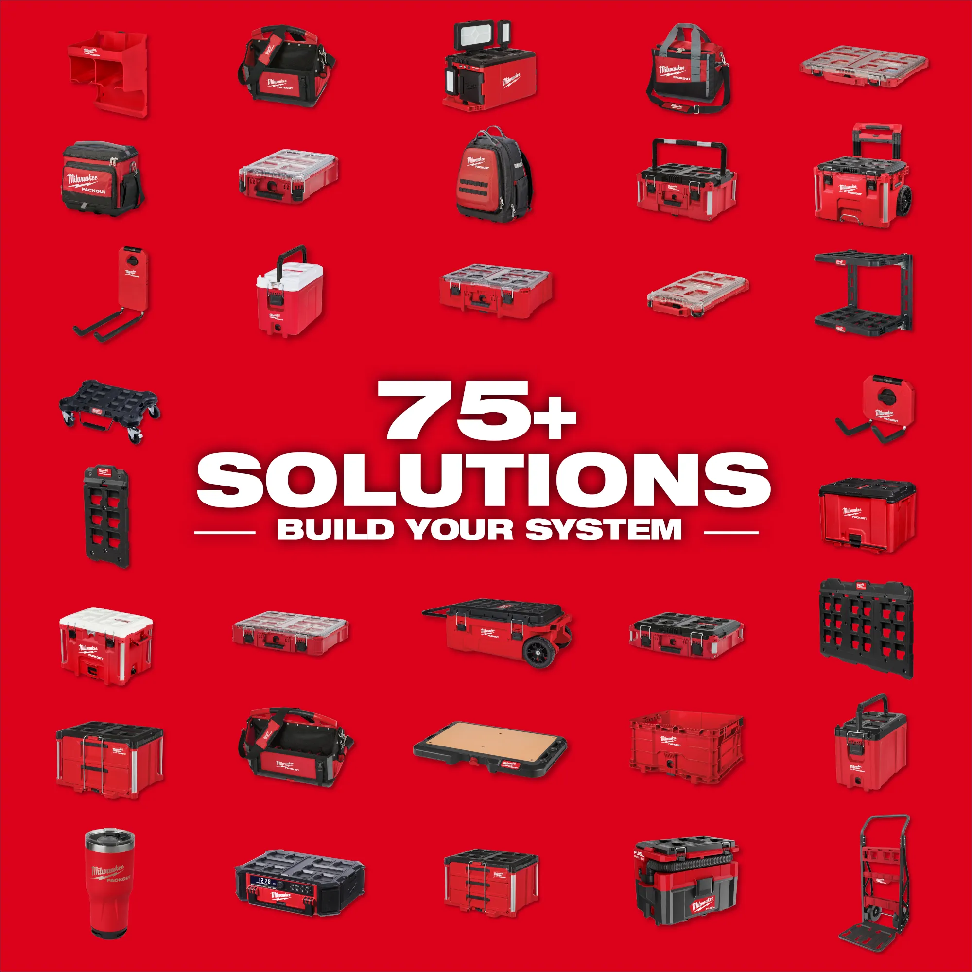 Image of the PACKOUT Modular Storage System product line on a red background with the text "75+ Solutions - Build Your System"