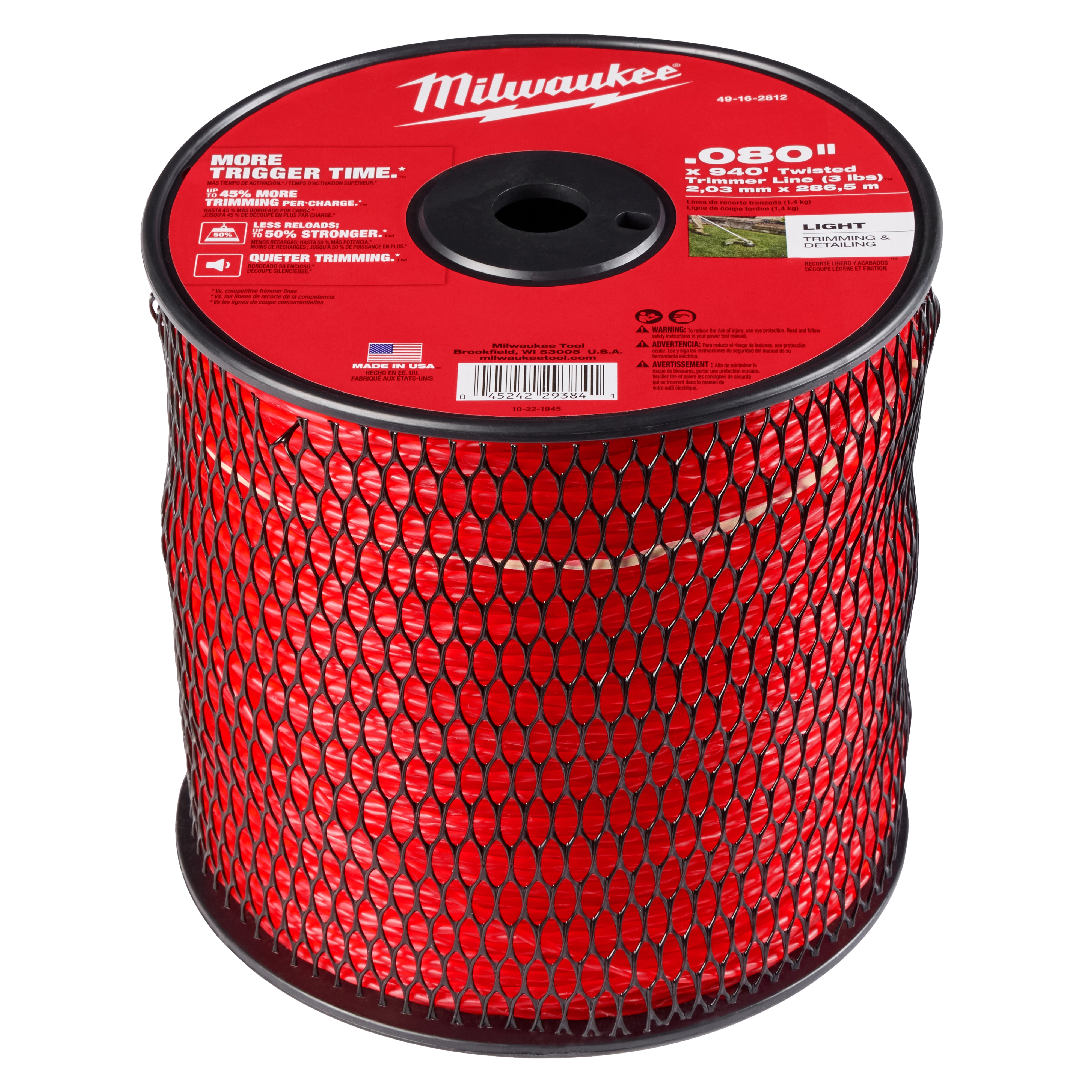 Large spool of red Milwaukee trimmer line, 48-12-0518 model, labeled "0.080 in. x 5,040