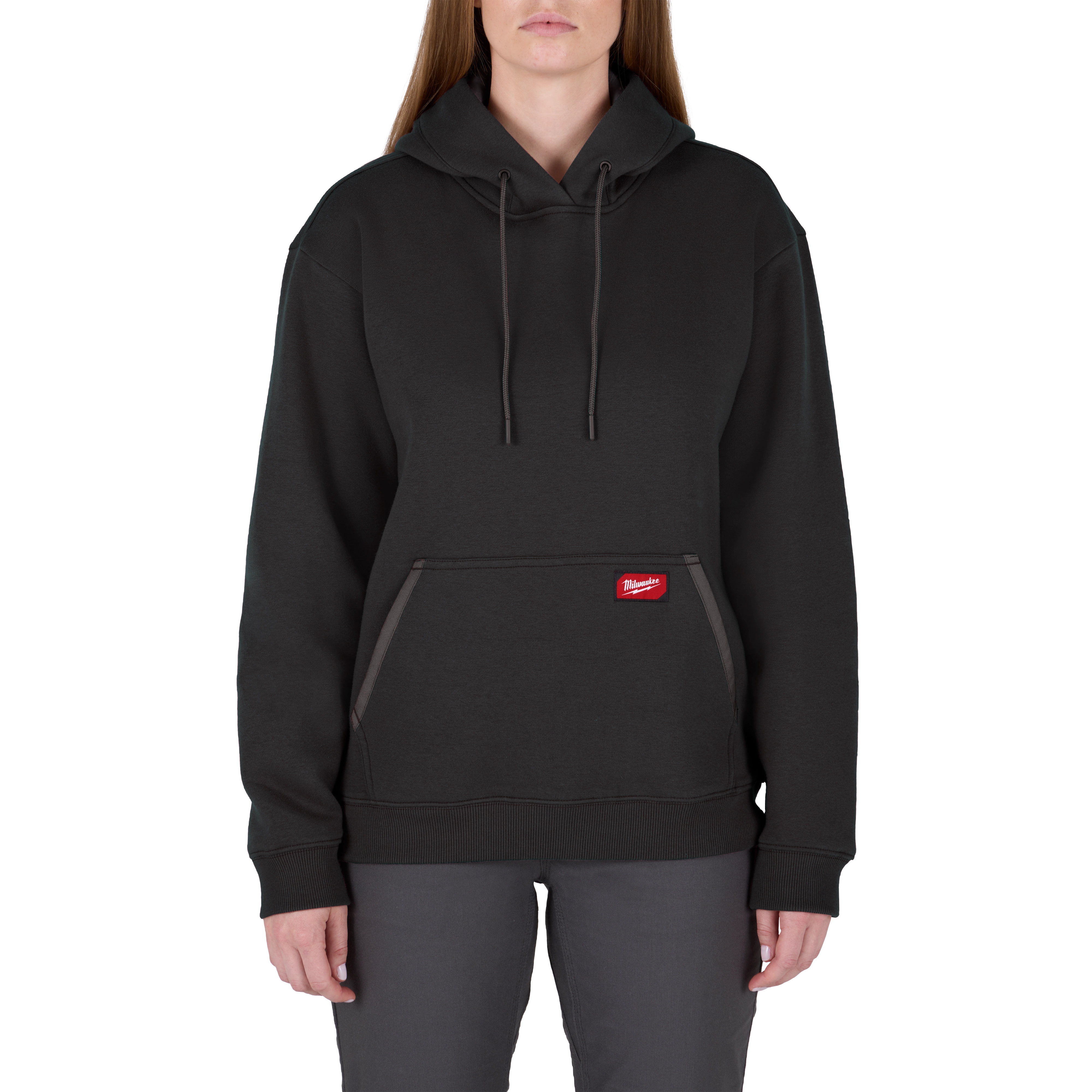 The image displays the Women's FREEFLEX™ Pullover Hoodie in black. The hoodie has a relaxed fit with a front pocket and drawstring hood, designed for comfort and style. The material appears soft and flexible, suitable for casual and athletic wear.