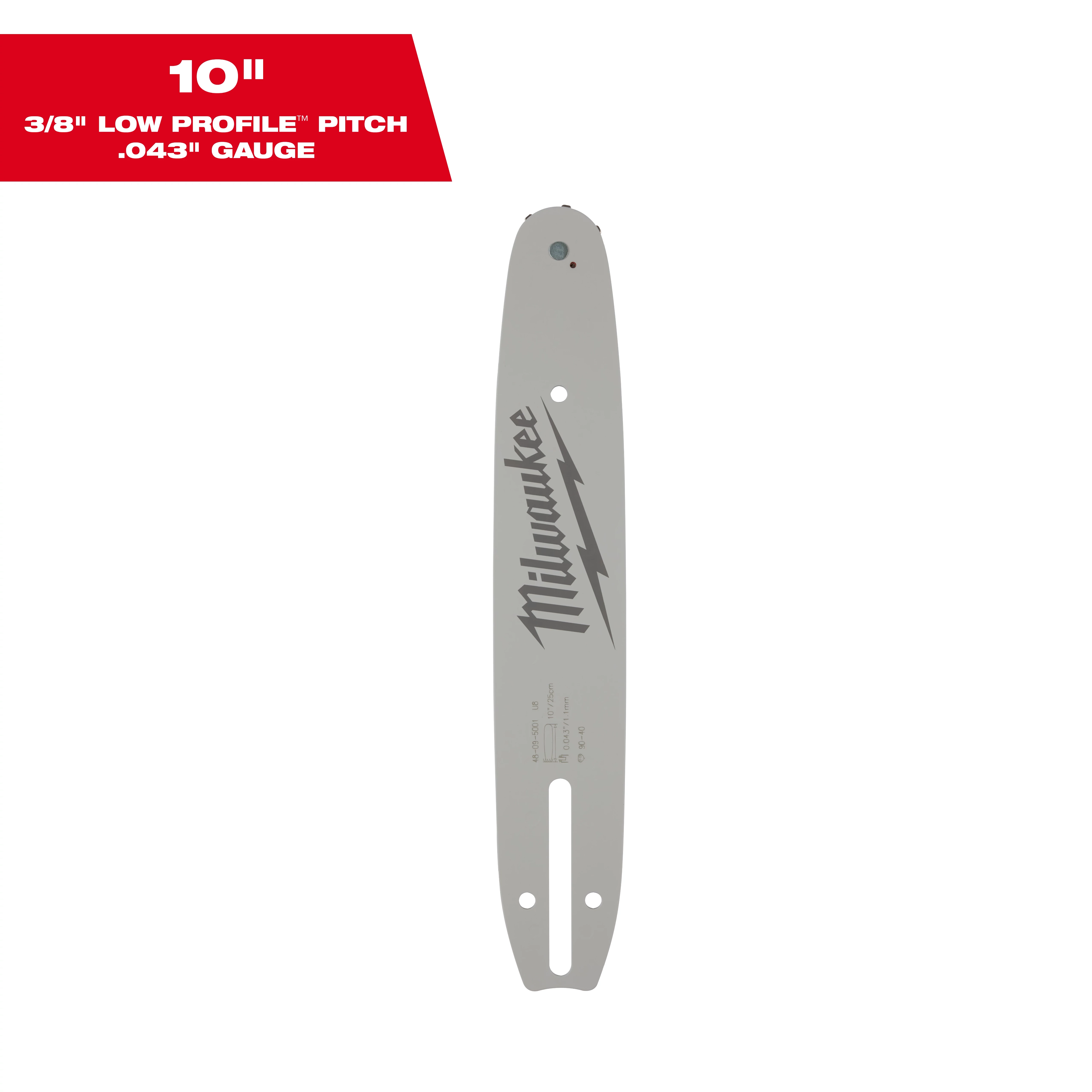 This image features a Milwaukee 10-inch chainsaw bar. The text on the red banner above the bar states, "10" 3/8" low profile pitch .043" gauge." The bar is silver with the Milwaukee logo and a lightning bolt graphic on it. There are holes and slots for mounting.