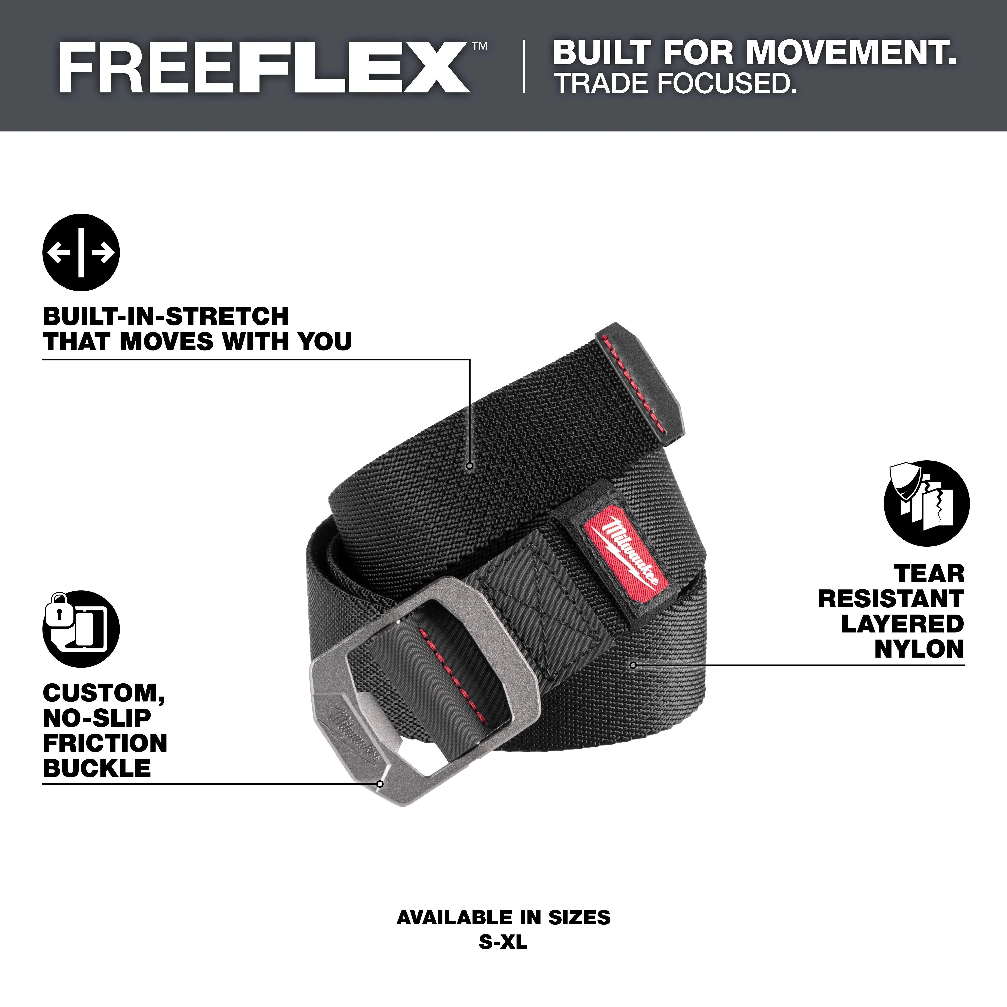 The image shows the FREEFLEX™ Nylon Webbing 1.5" Belt. It features built-in stretch for flexibility, a custom no-slip friction buckle, and tear-resistant layered nylon. Available in sizes S-XL.