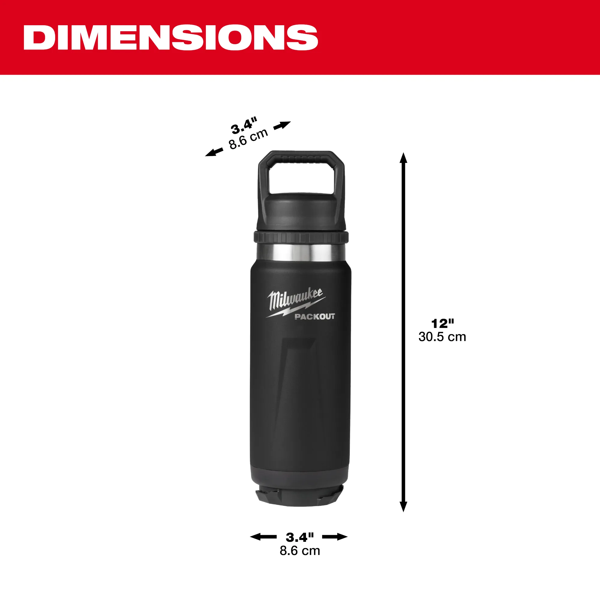 Image of the Milwaukee PACKOUT 24oz Insulated Bottle with Chug Lid in black and its dimensions