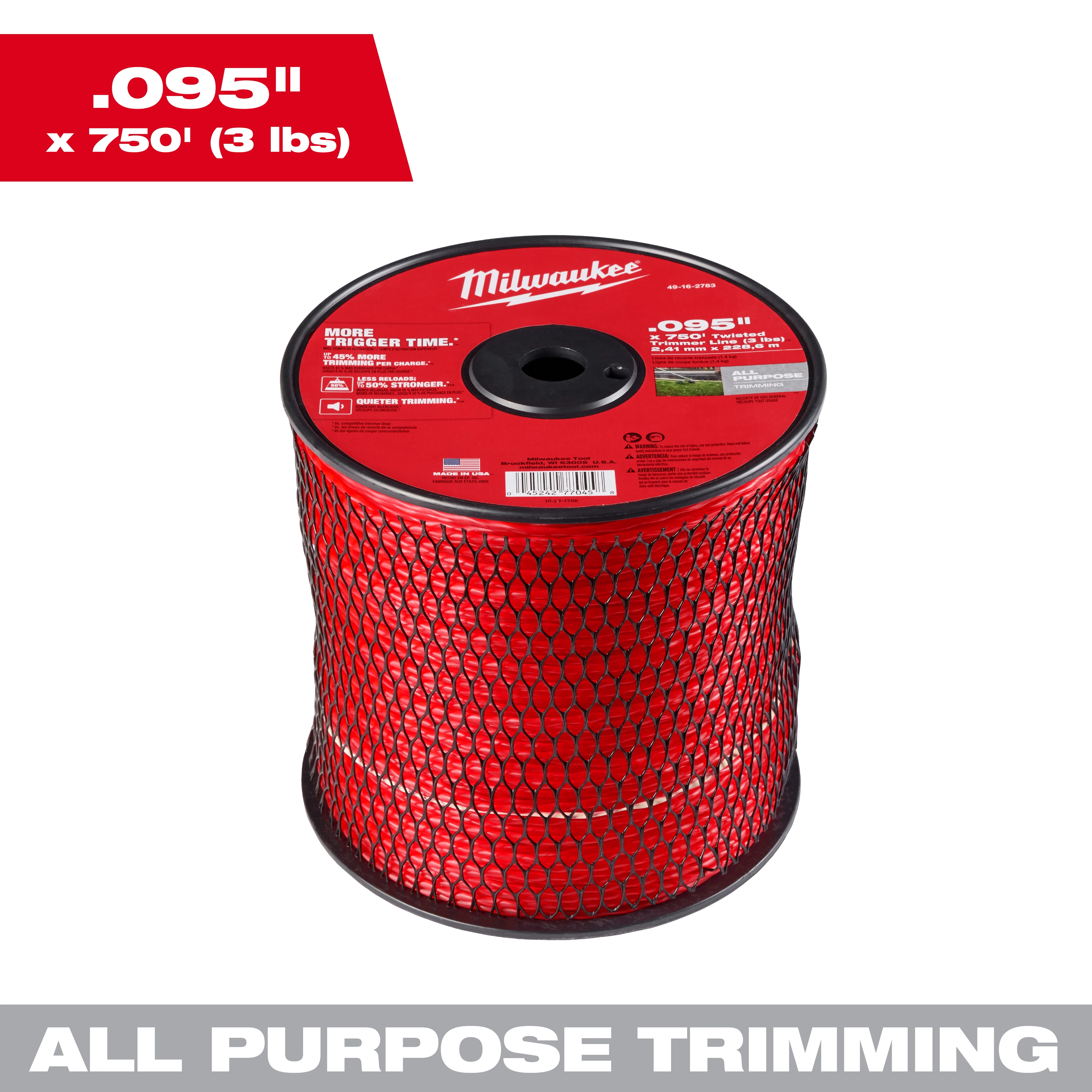 Red Milwaukee spool, .095" x 750' trimmer line, with black mesh, labeled "All Purpose Trimming".