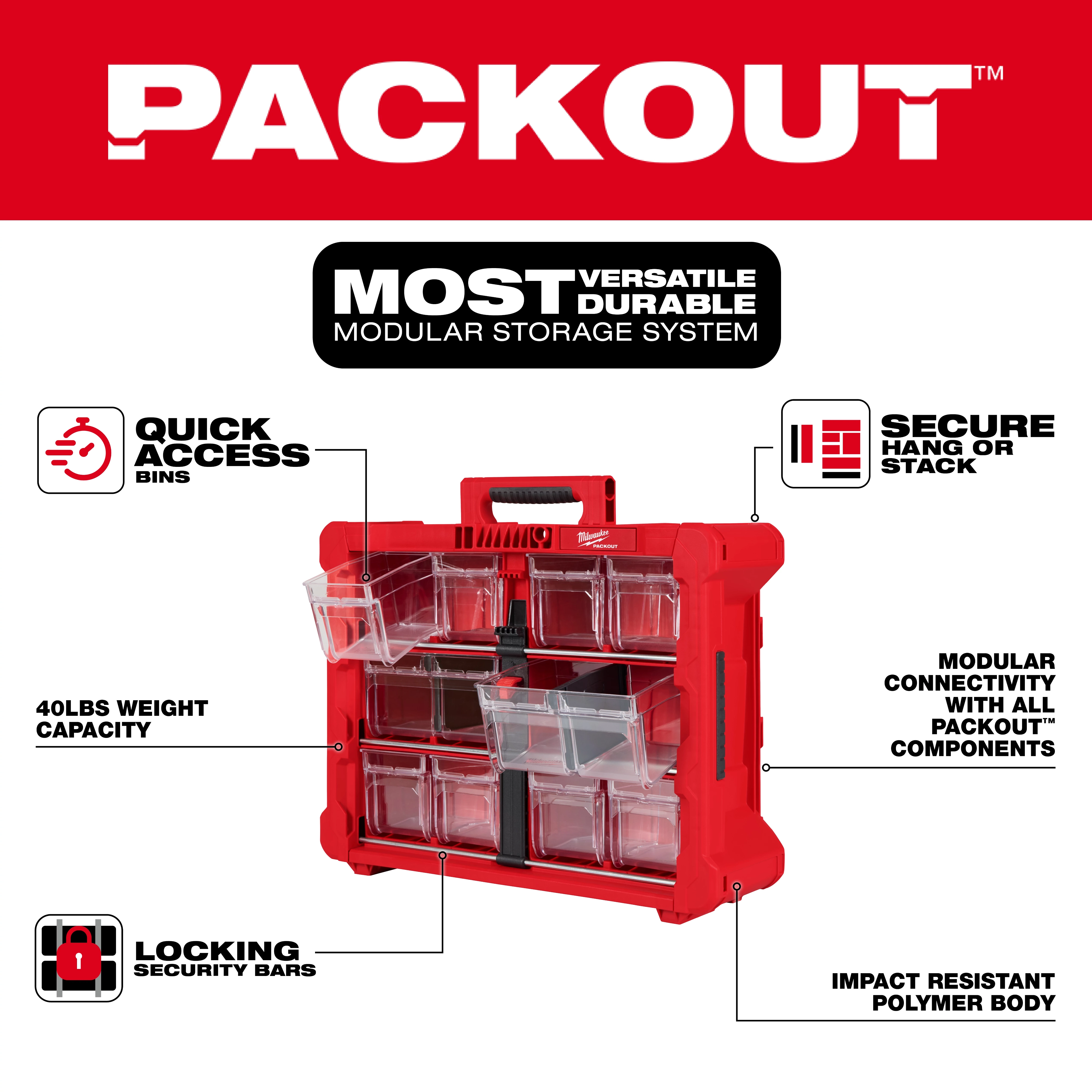 The image shows a red PACKOUT™ Tilt Bin Organizer featuring multiple bin compartments. Key features include quick access bins, secure hanging or stacking, modular connectivity with all PACKOUT™ components, impact-resistant polymer body, 40 lbs weight capacity, and locking security bars. The text promotes its versatility and durability.