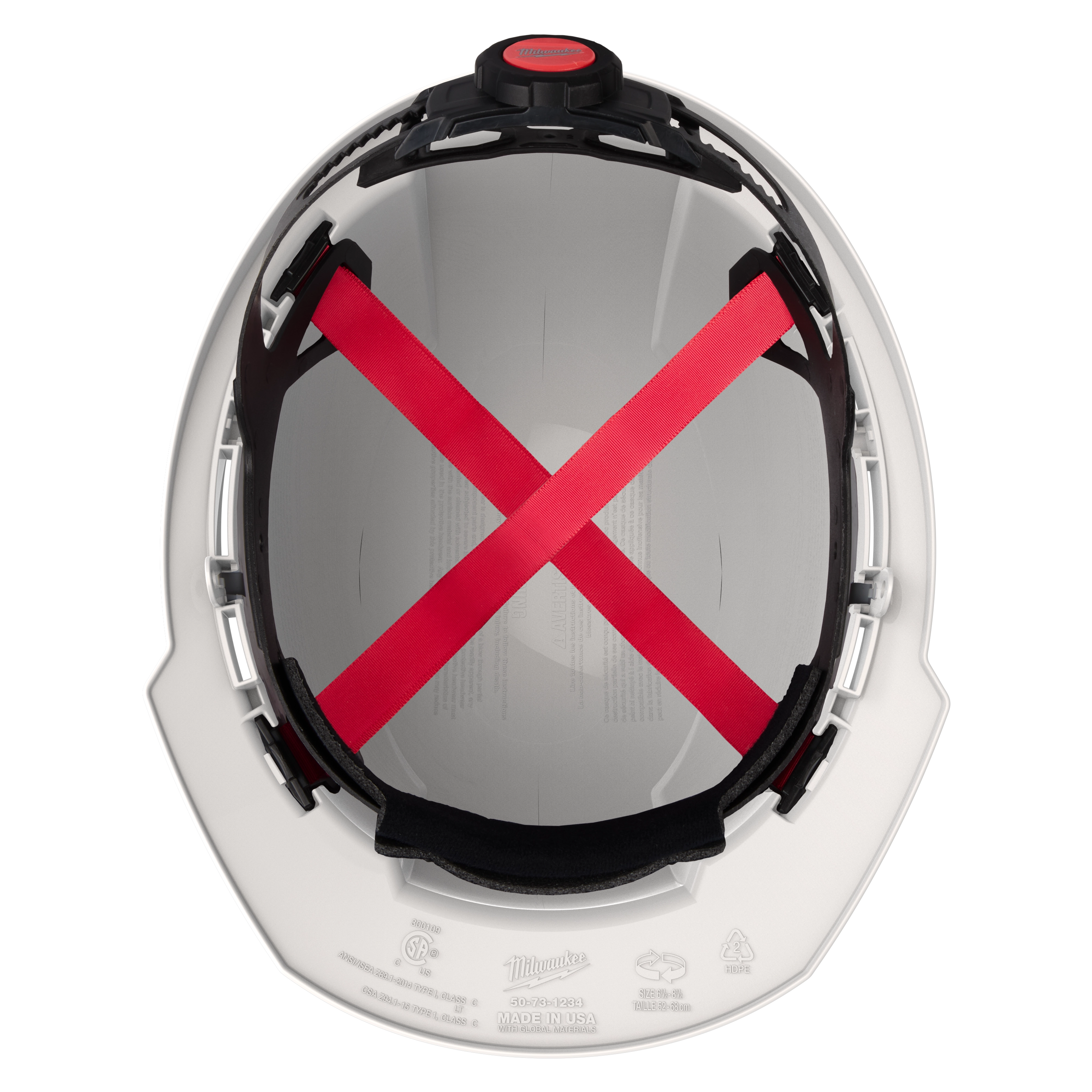 Image of the underside view of the Milwaukee BOLT White Front Brim Vented Hard Hat w/4pt Ratcheting Suspension (USA) - Type 1, Class C