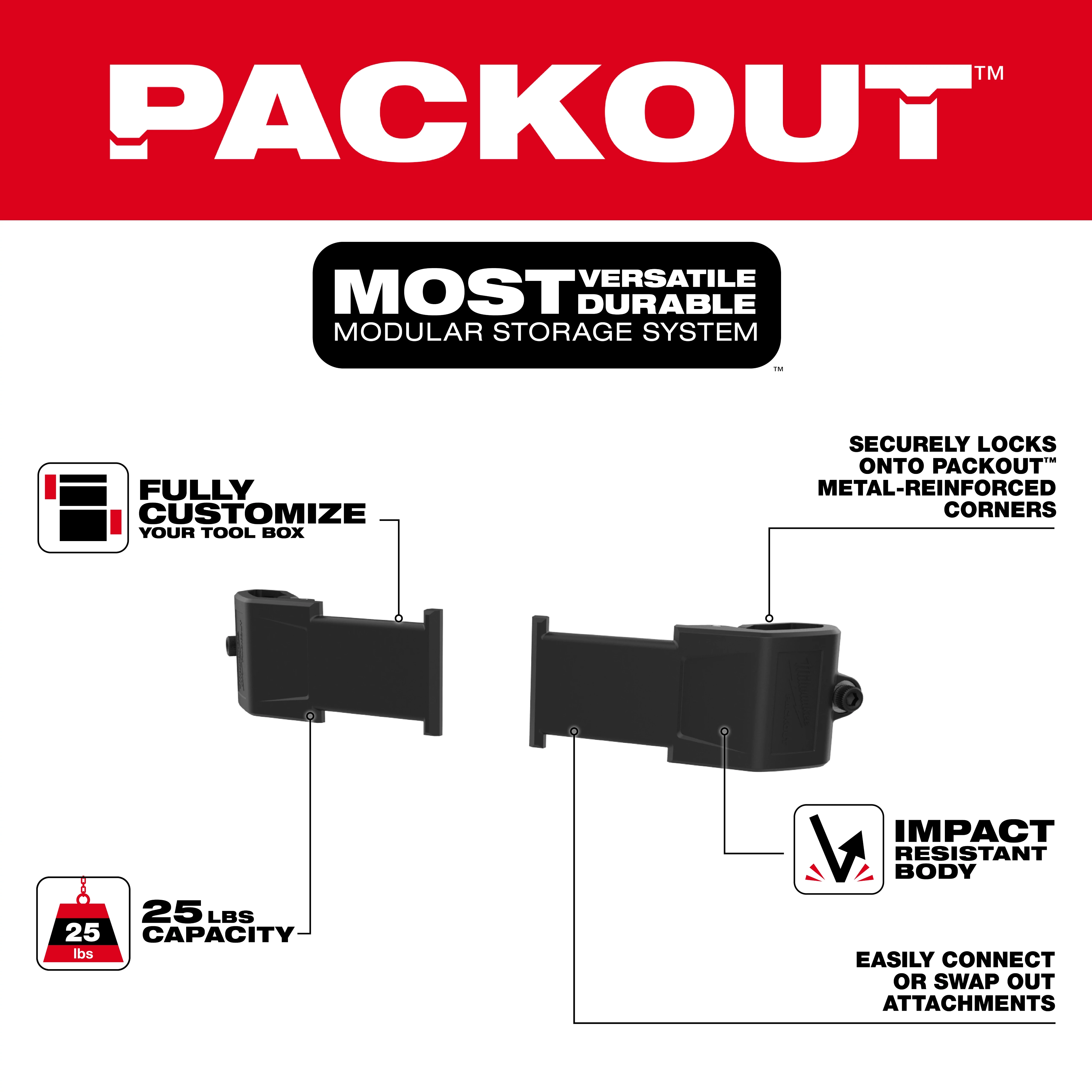 Image of the PACKOUT modular storage system. Key features include full customization, 25 lbs capacity, secure locking onto metal-reinforced corners, and an impact-resistant body. The image highlights various attachment points to customize your toolbox and emphasizes the system's durability and versatility.